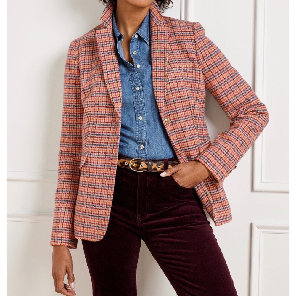 Talbots Petite 14P Shetland Wool Blend Plaid Blazer Pink Orange Gold Buttons NEW